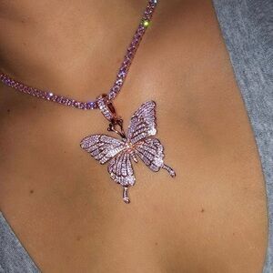 Pink Butterfly tennis Pendant Necklace 18inch